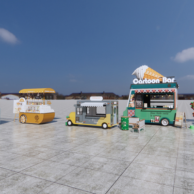  现代商业售卖小推车 外摆摊位车su模型 