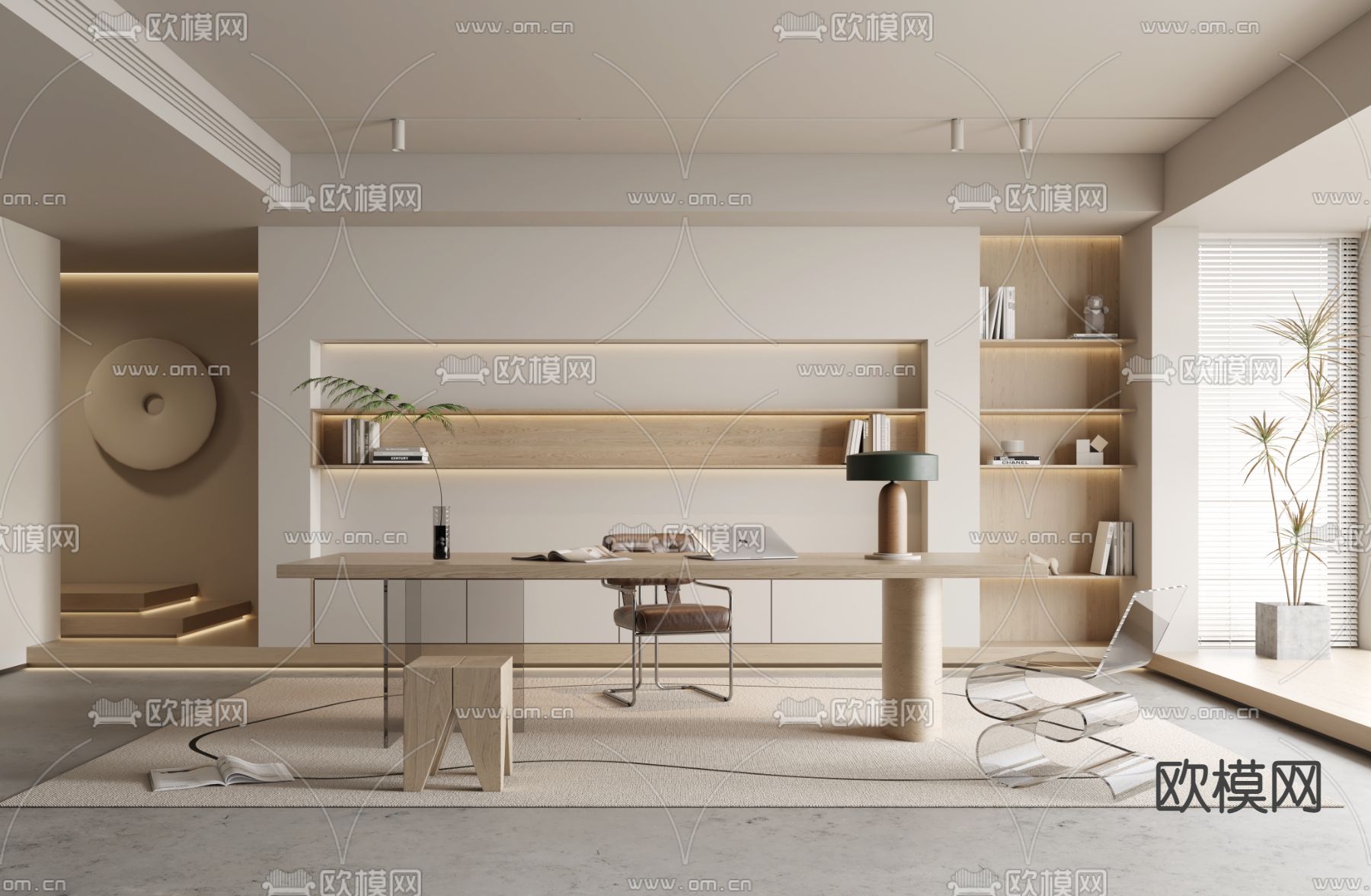 奶油风书房3d模型下载_ID13009290_3dmax免费模型-欧模网