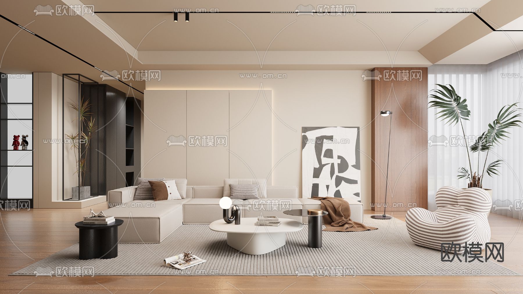 奶油风客厅3d模型下载