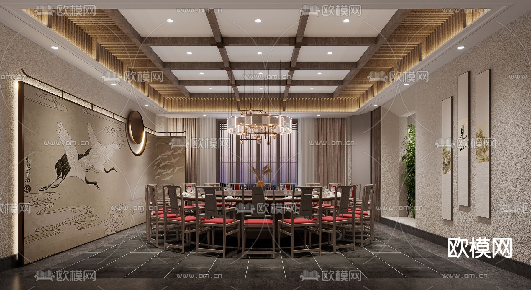 新中式中餐厅包厢  包房su模型下载（渲染图1）