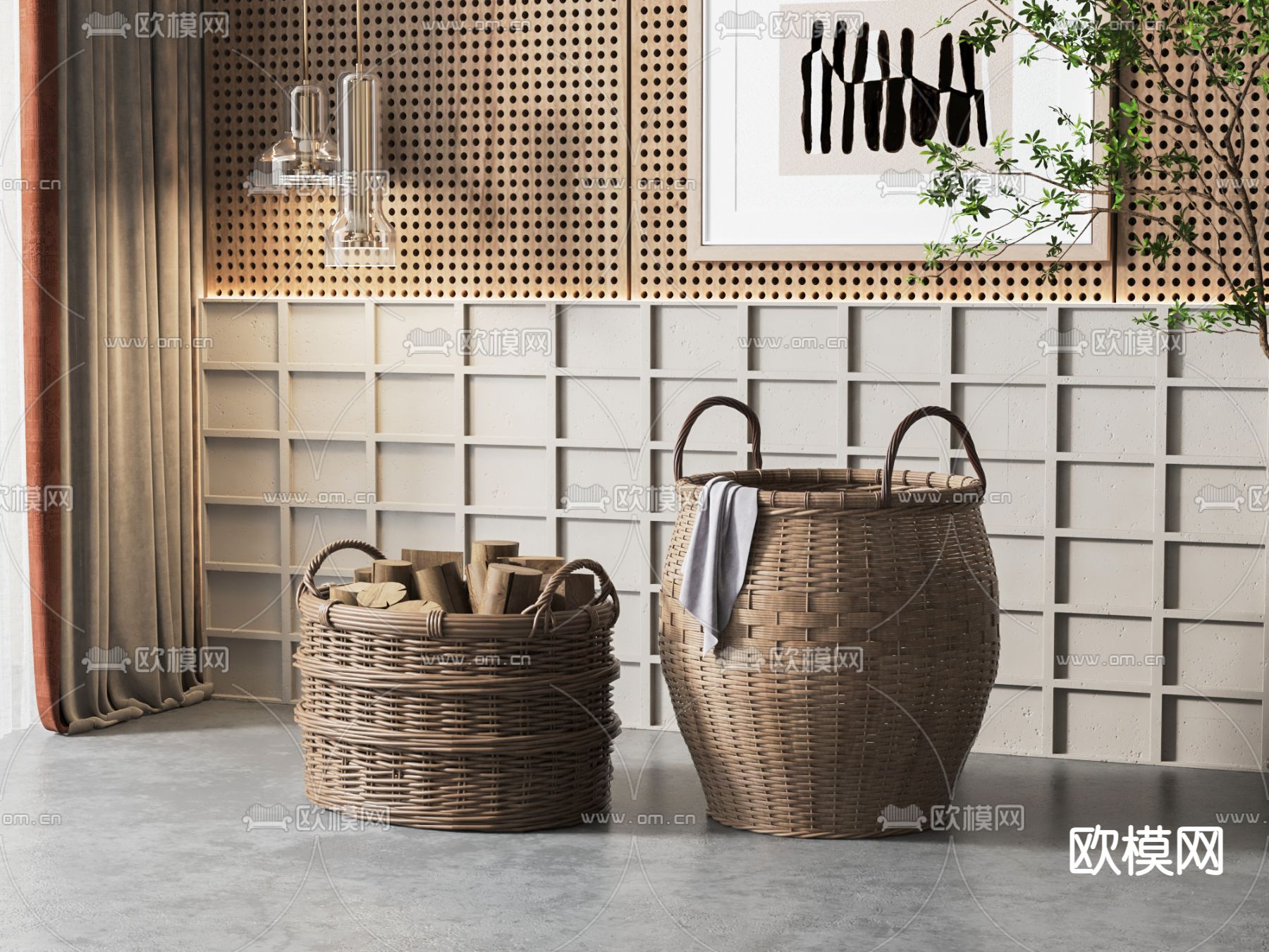 侘寂风藤编篓子3d模型下载