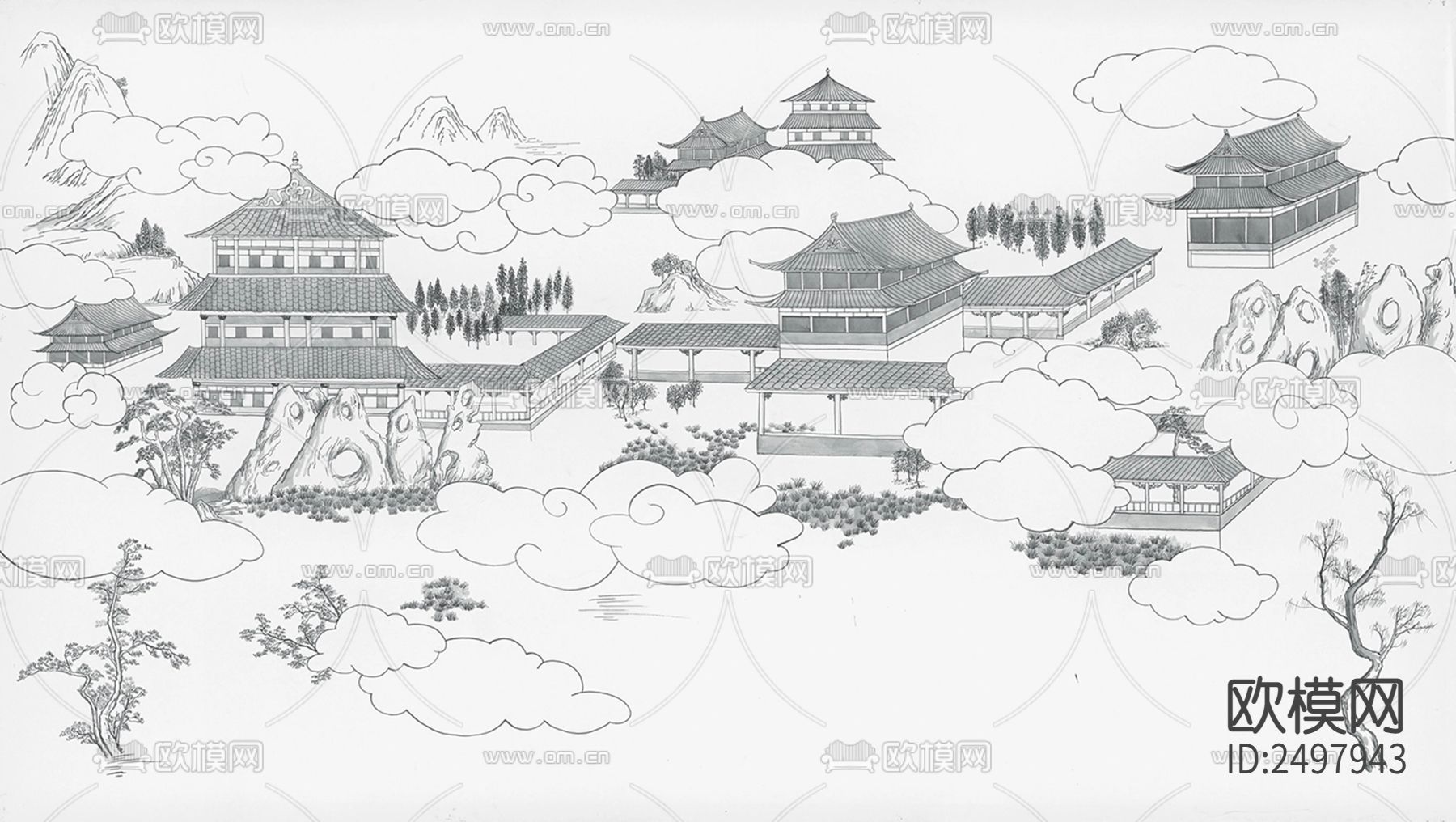 新中式山水楼阁壁纸下载