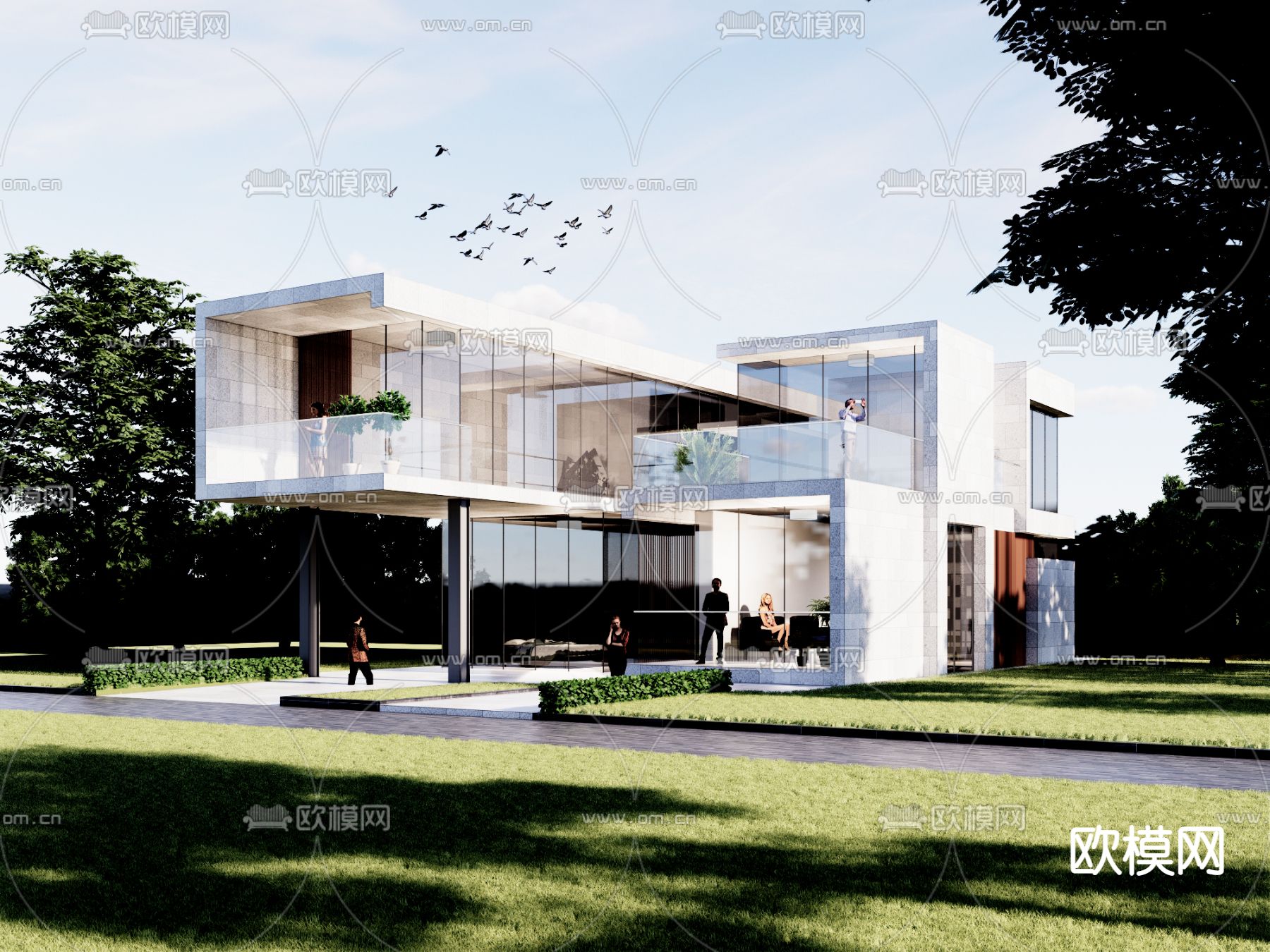 现代独栋别墅su模型下载（渲染图2）