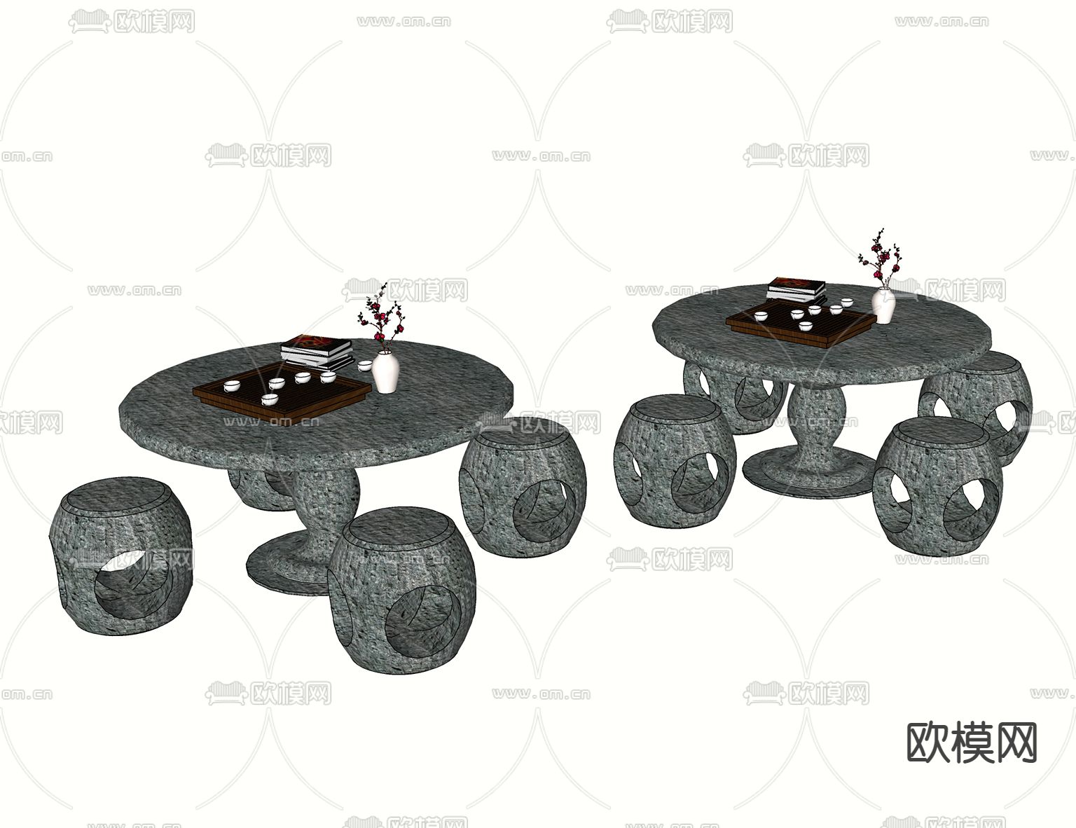 新中式石凳 石桌su模型下载（渲染图2）