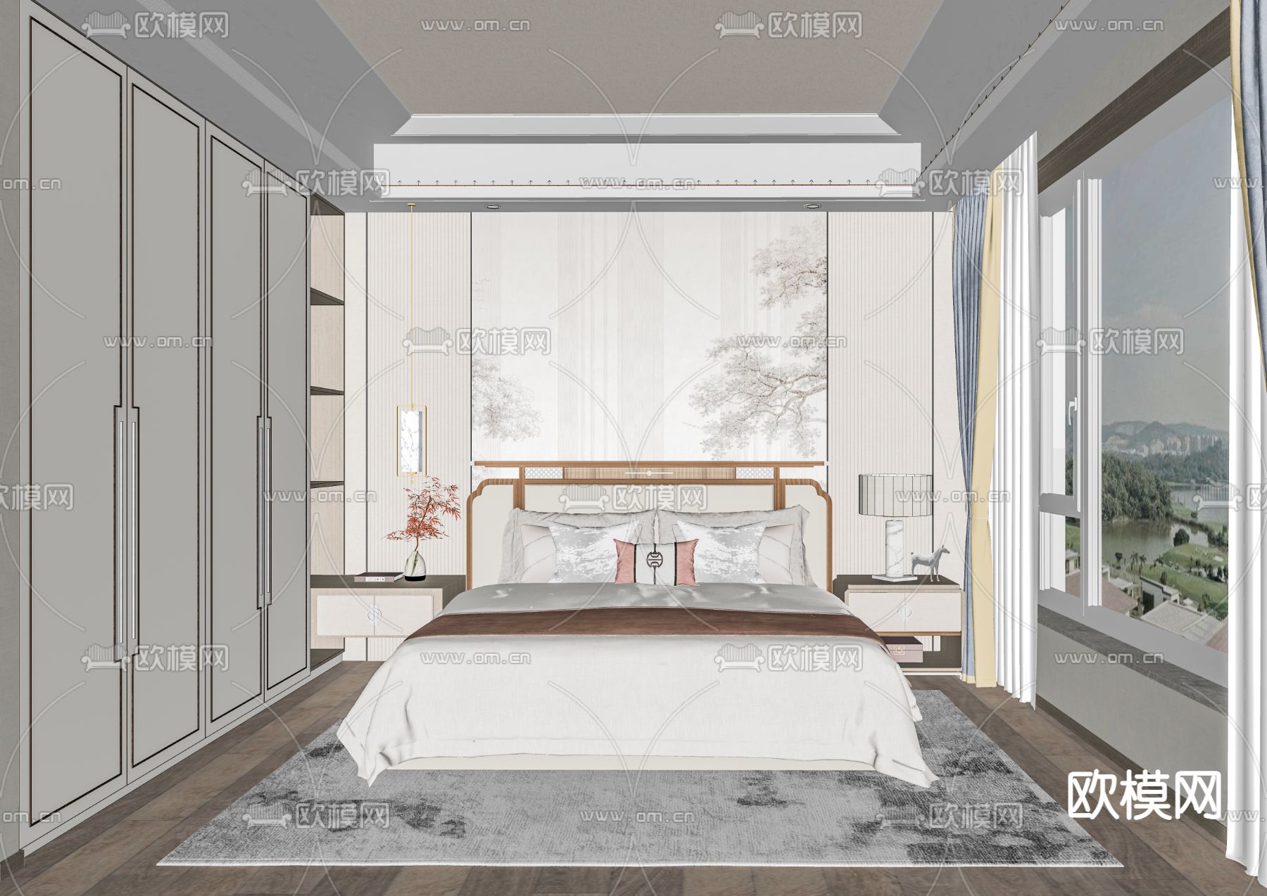 中式卧室su模型下载（渲染图2）