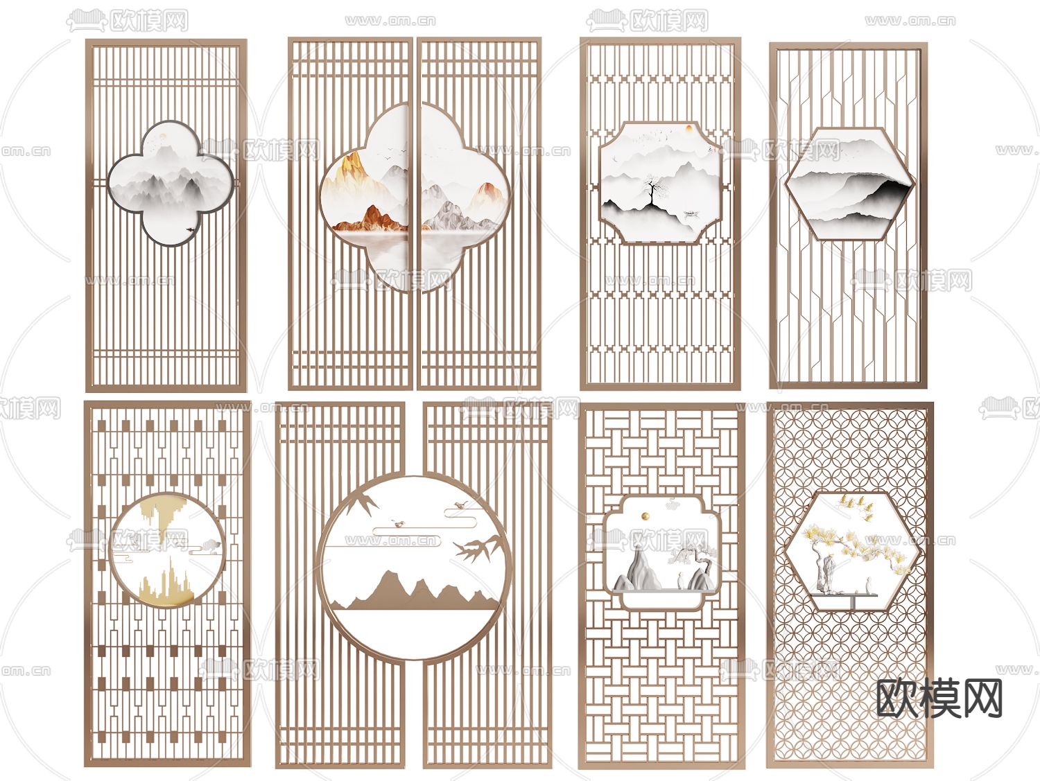 新中式花格屏风 隔断3d模型下载