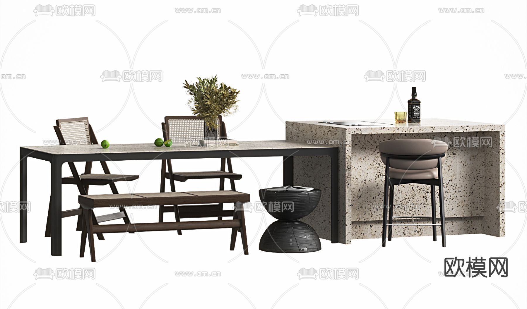 中岛台餐桌椅3d模型下载