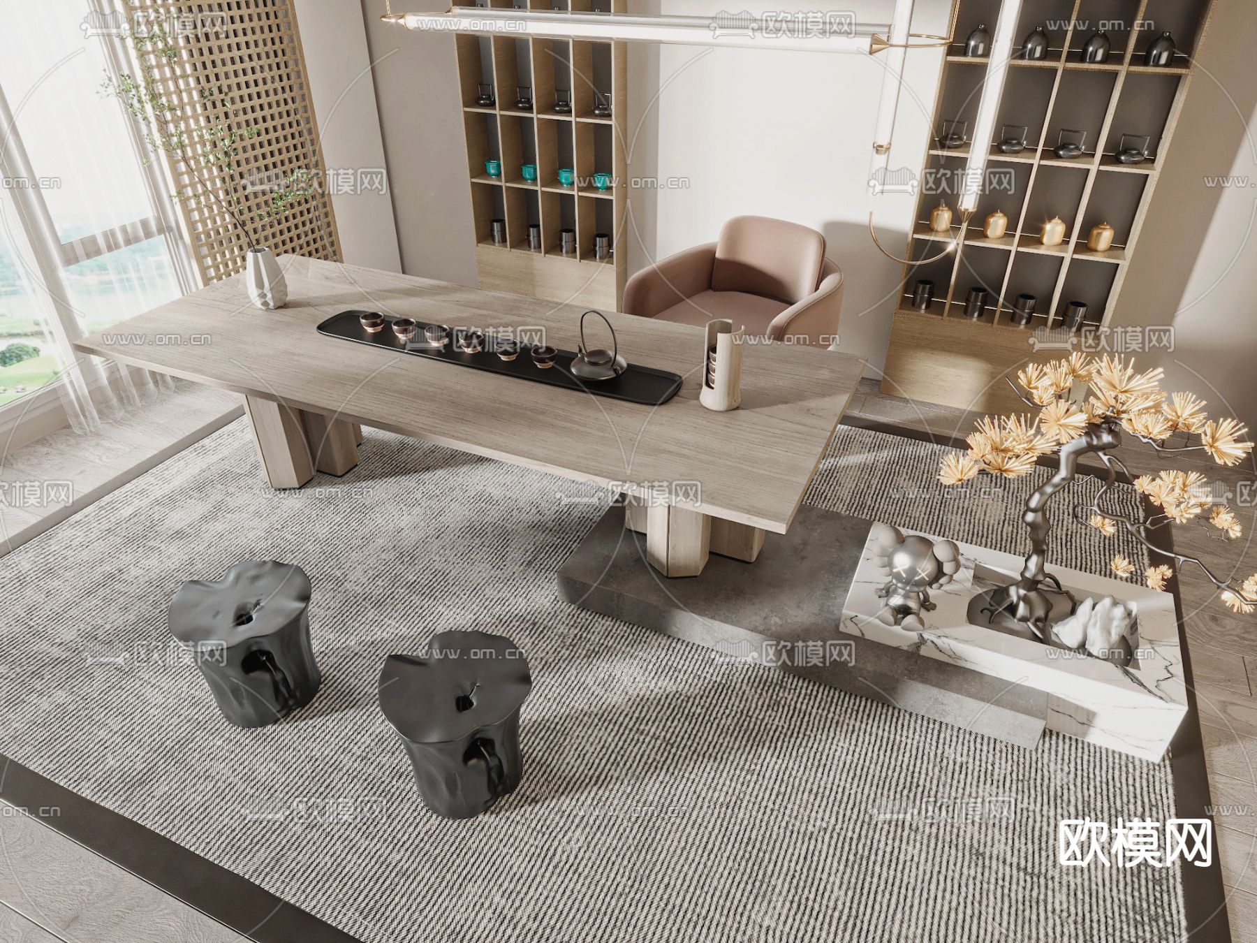 新中式茶桌椅3d模型下载