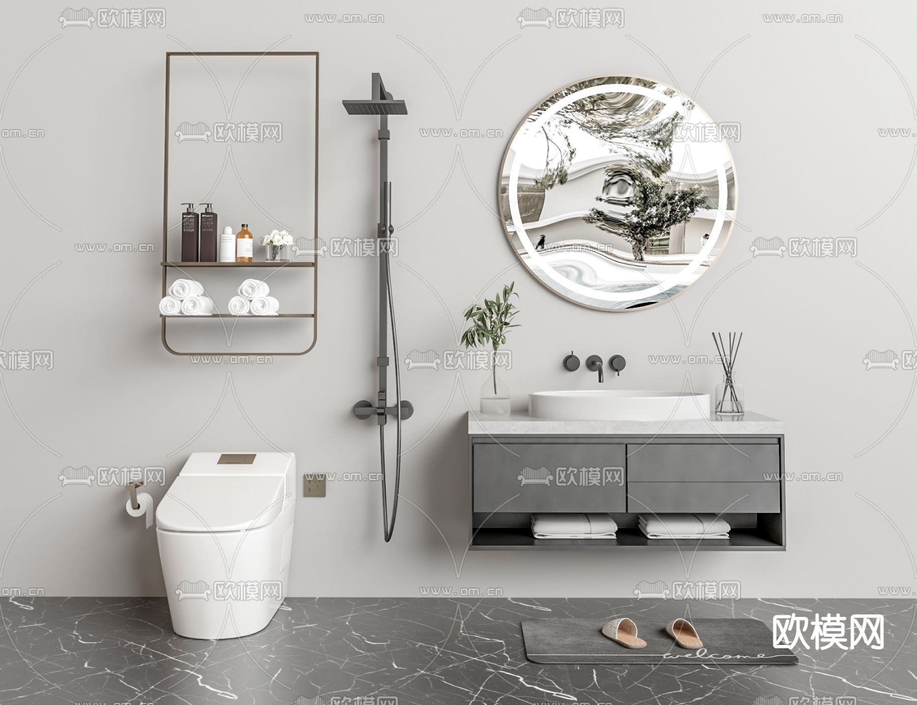 马桶 花洒 毛巾架 洗手盆3d模型下载