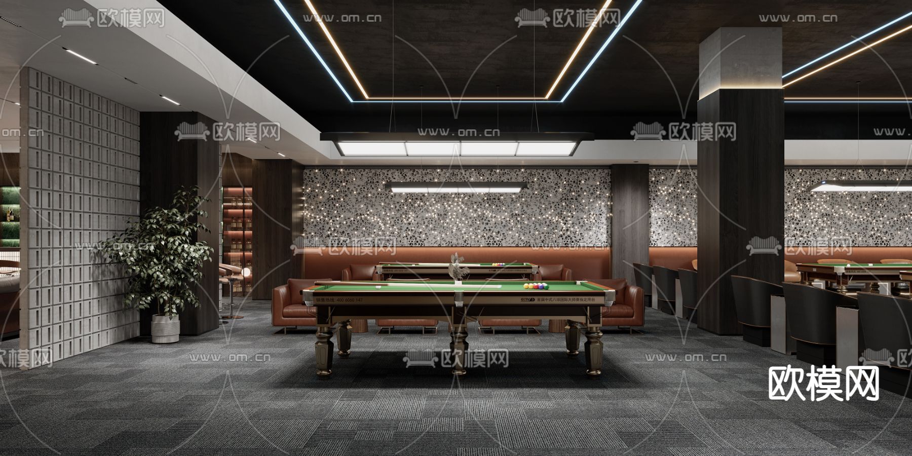 轻奢风台球馆 桌球馆3d模型下载（渲染图2）