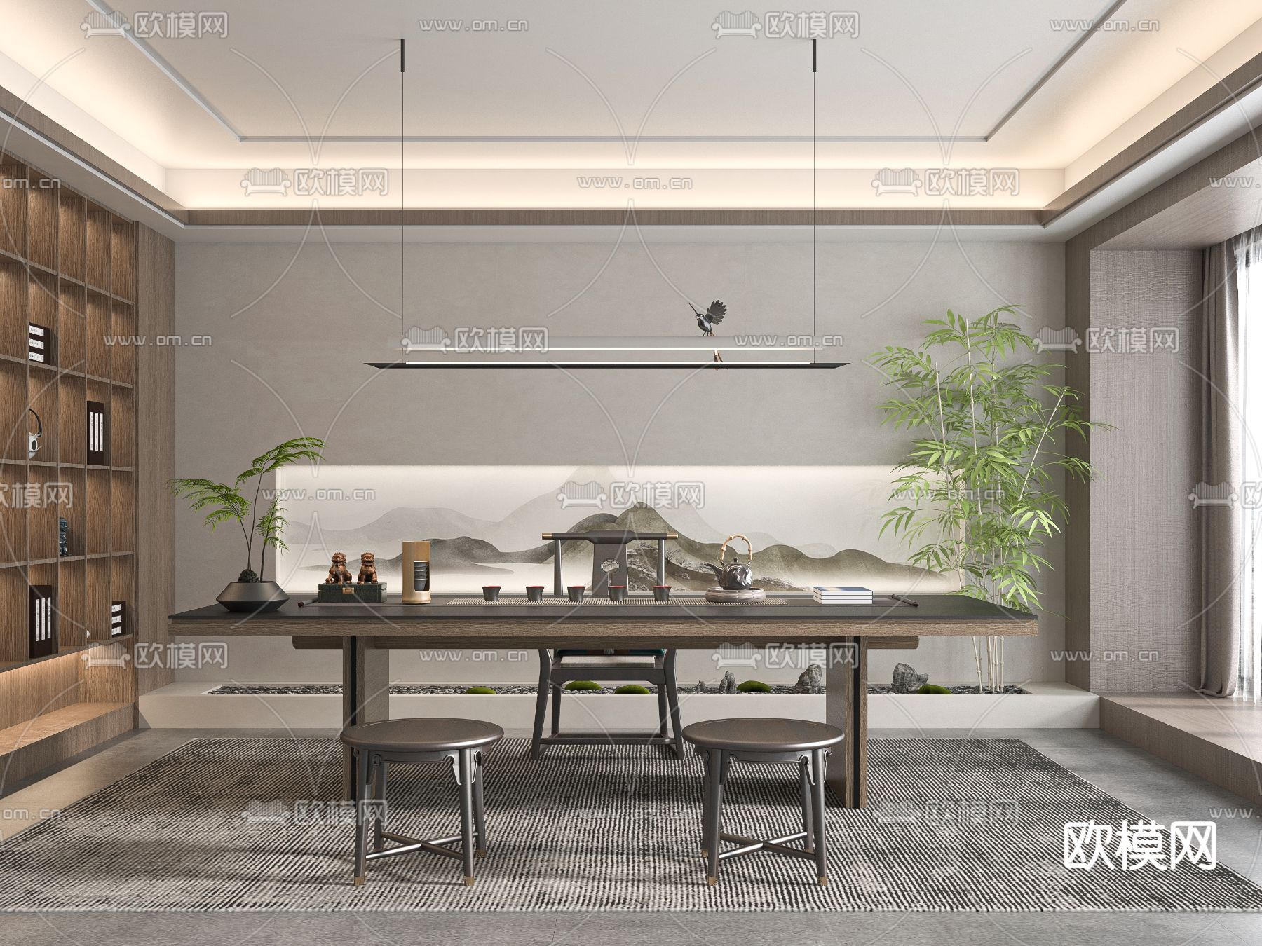 新中式茶室3d模型下载_ID13014122_3dmax免费模型-欧模网