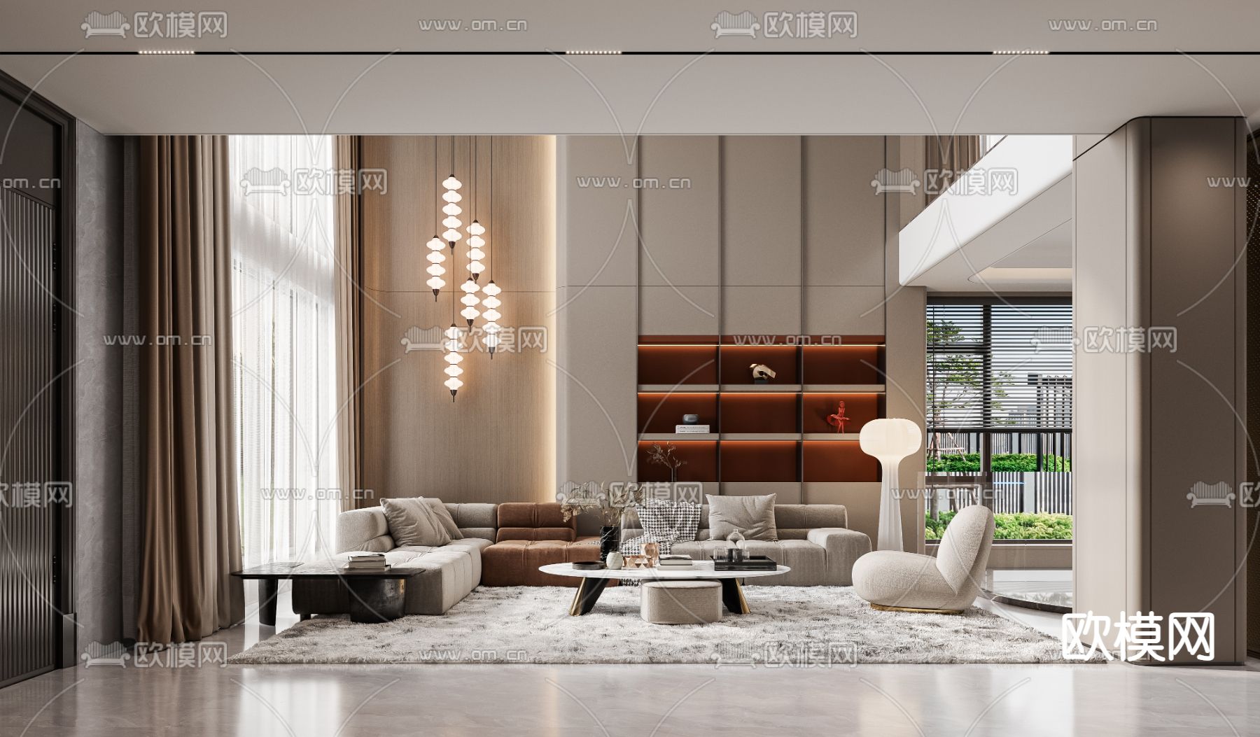 轻奢风别墅客厅 别墅大堂3d模型下载（渲染图1）