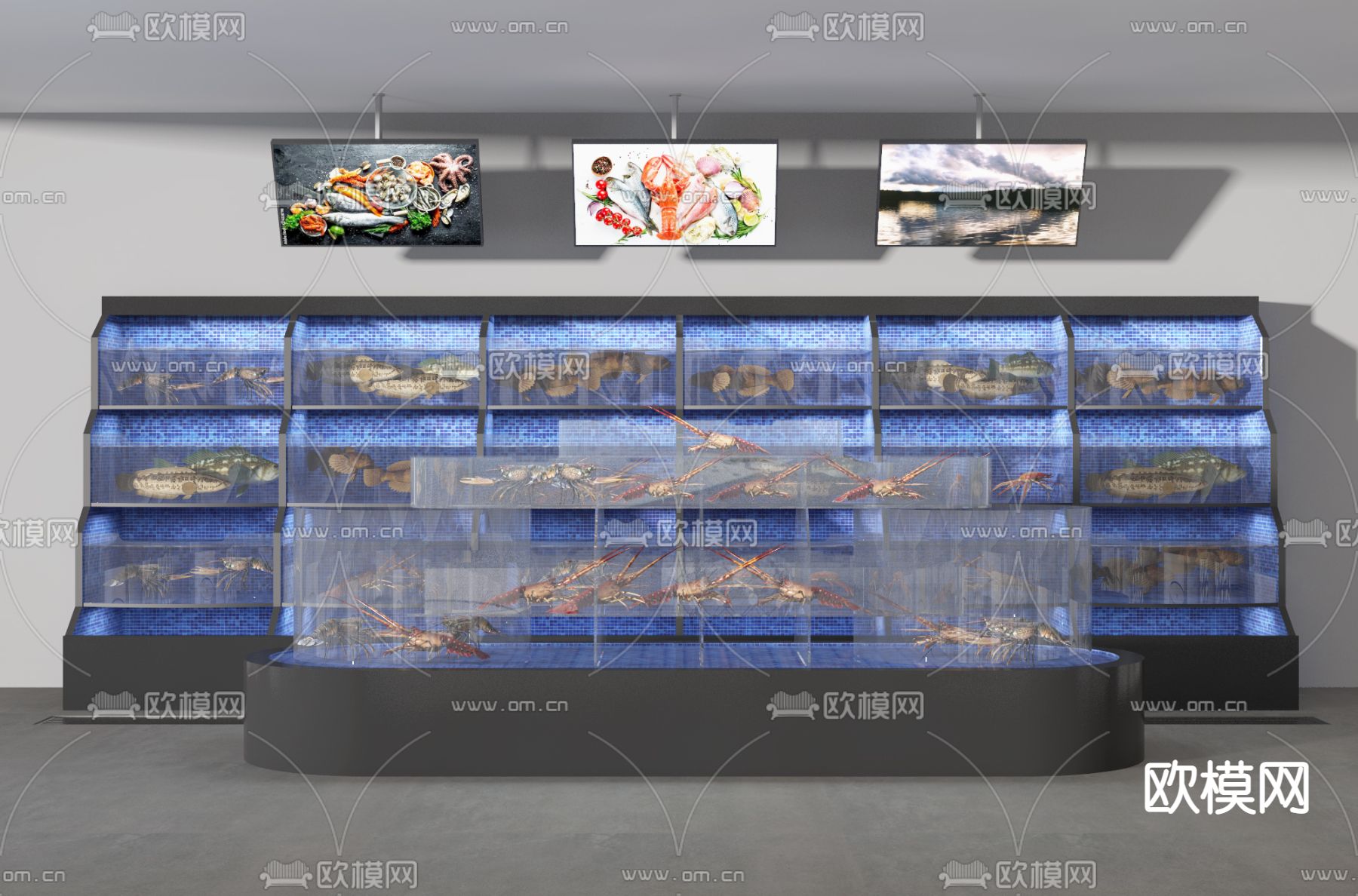 海鲜区 海产品展柜 鱼缸柜3d模型下载