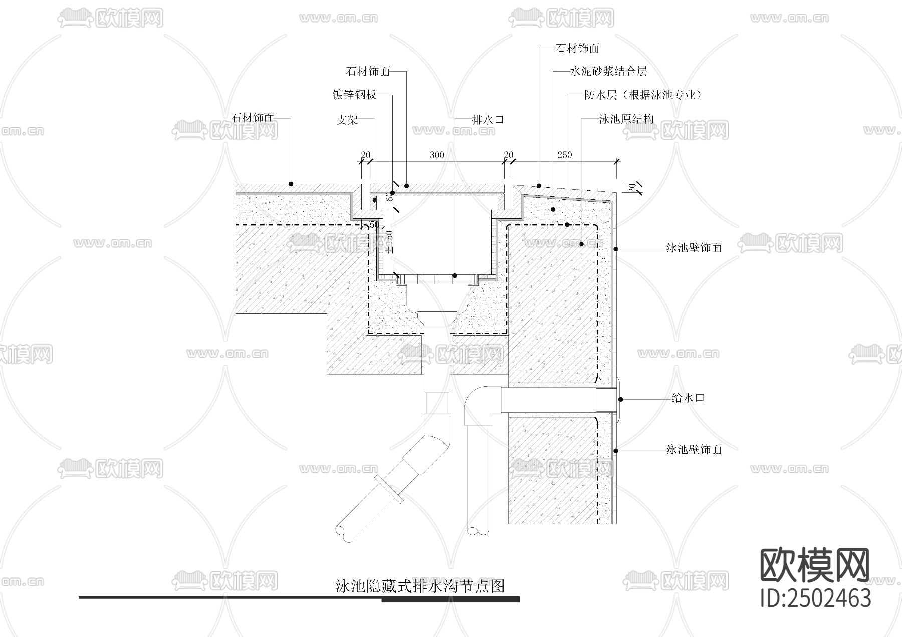 泳池隐藏式排水沟节点图CAD施工图下载（渲染图2）
