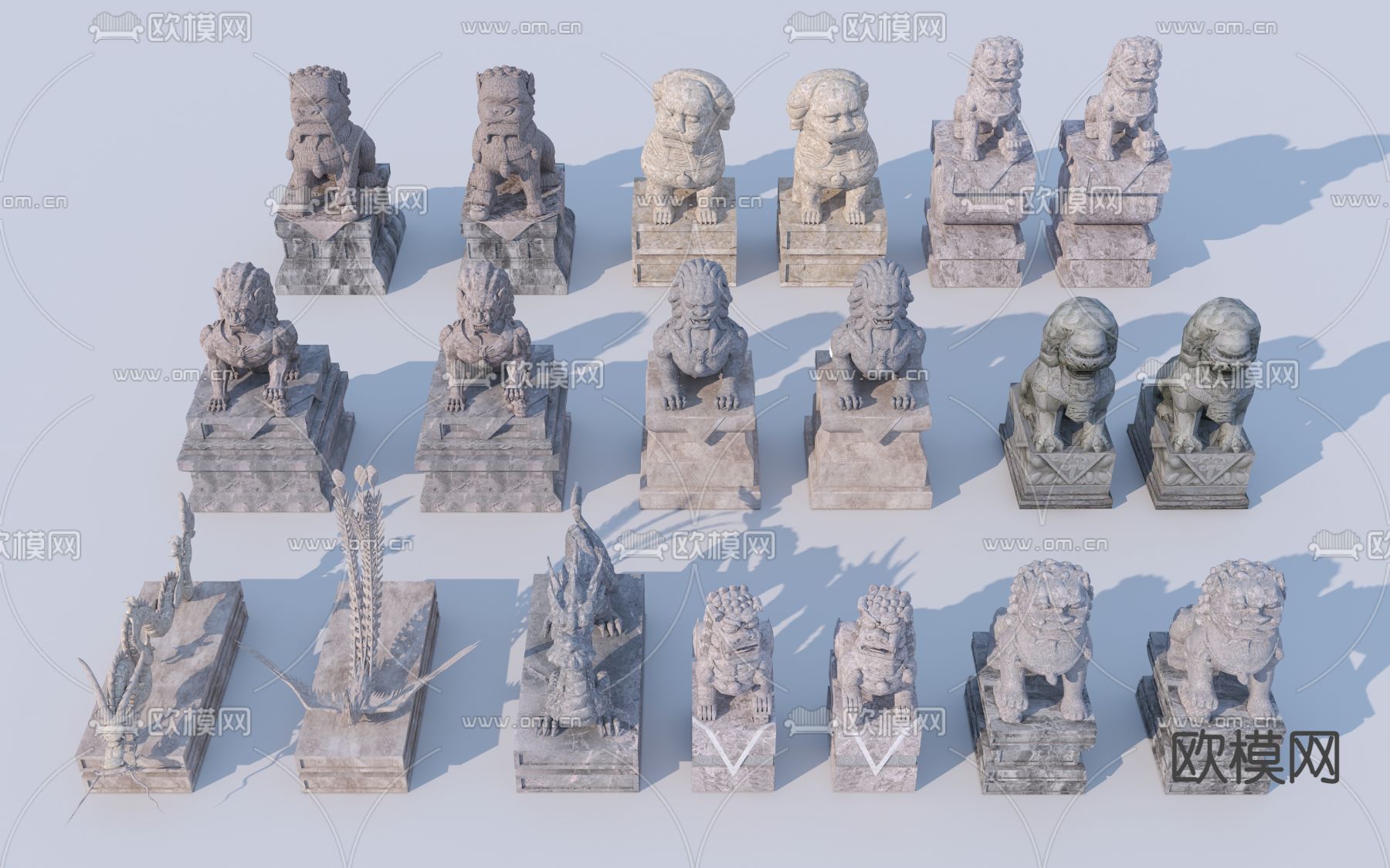 中式石狮子雕塑 景观小品3d模型下载