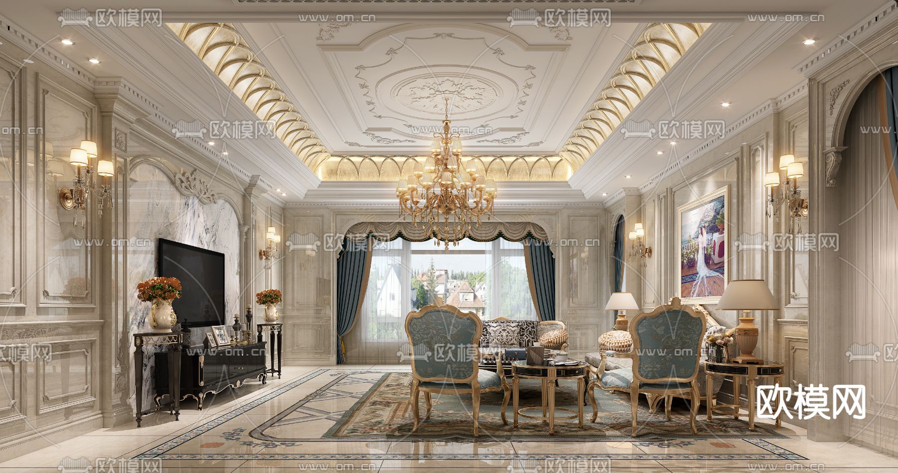 欧式别墅客厅 餐厅3d模型下载（渲染图2）