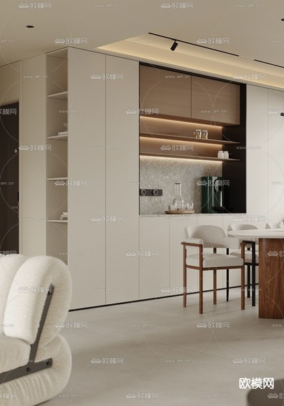 奶油风客厅 餐厅3d模型下载(渲染图7)