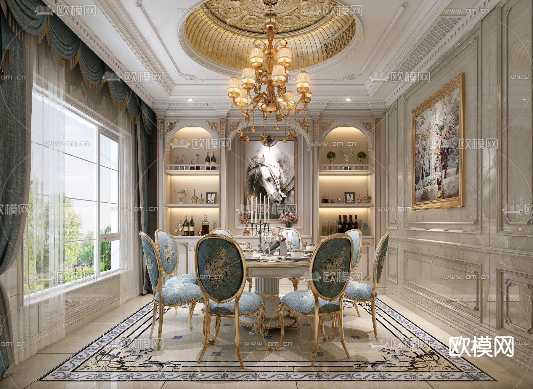 欧式别墅客厅 餐厅3d模型下载（渲染图3）