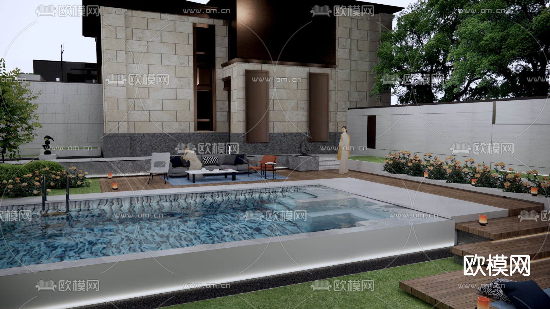 现代别墅庭院花园su模型下载（渲染图1）