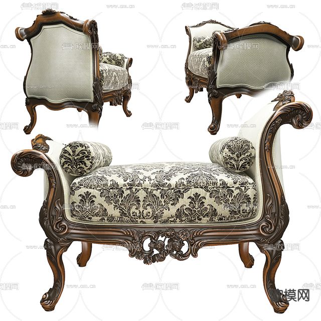 欧式古典实木雕花布艺沙发凳免费3d模型下载