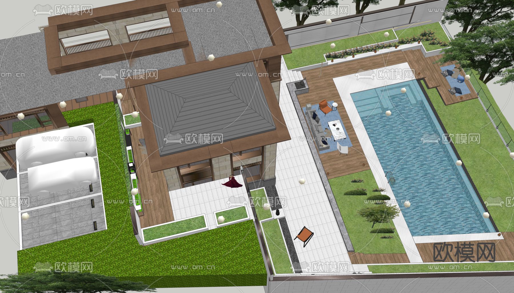 现代别墅庭院花园su模型下载（渲染图2）