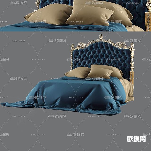 欧式古典实木雕花布艺双人床免费3d模型下载