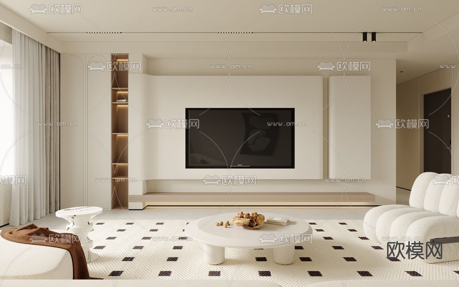 奶油风客厅 餐厅3d模型下载(渲染图4)