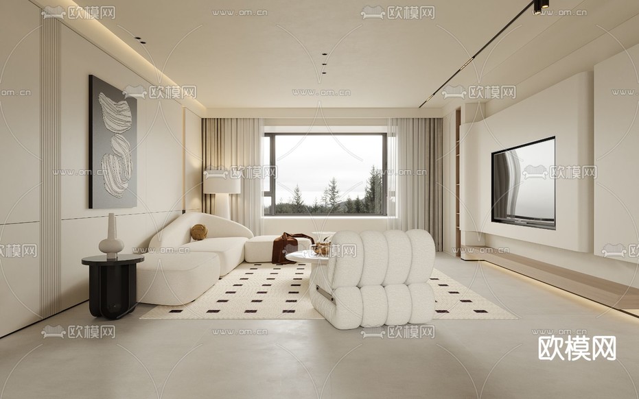 奶油风客厅 餐厅3d模型下载(渲染图5)