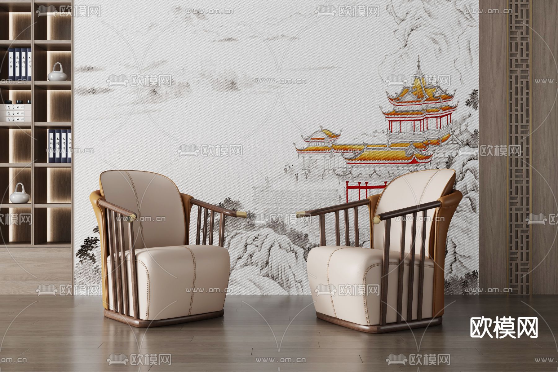 新中式单人沙发3d模型下载