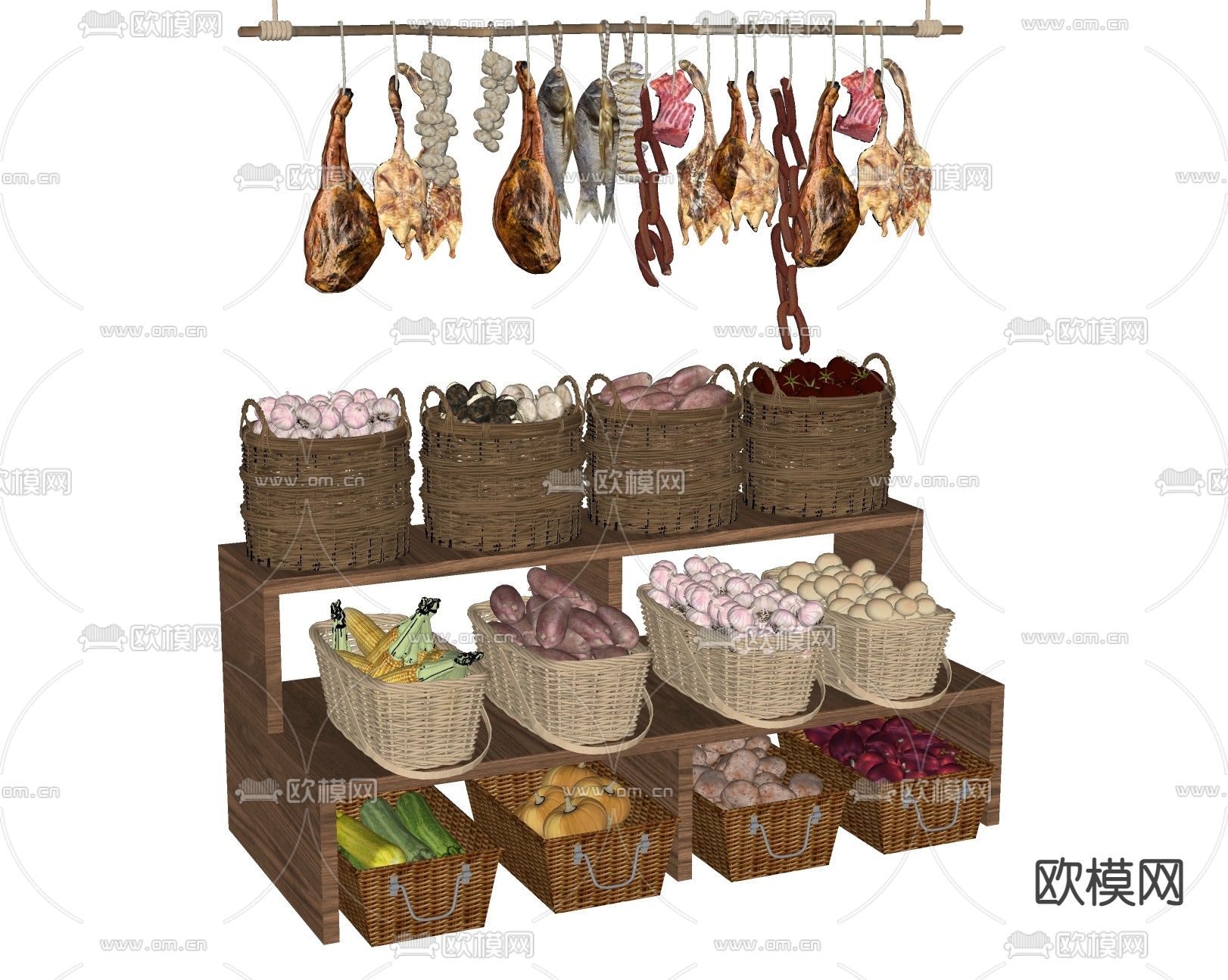 风干火腿 腊肠 腊鱼 腊肉su模型下载（渲染图2）