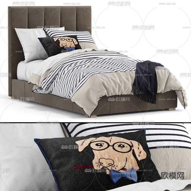 现代简约布艺单人床免费3d模型下载