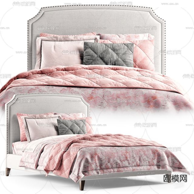 简欧创意皮革布艺双人床免费3d模型下载