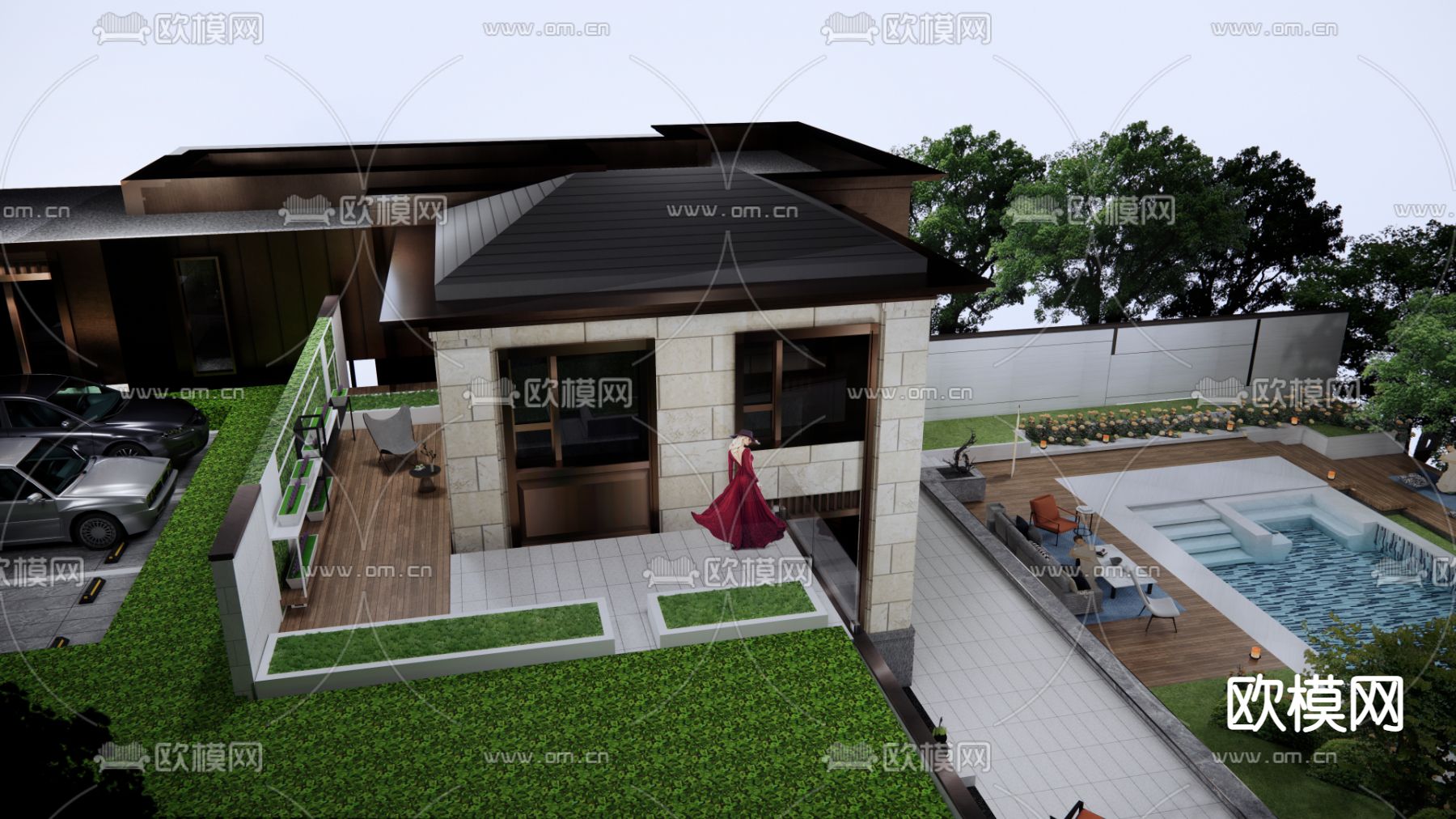 现代别墅庭院花园su模型下载（渲染图4）