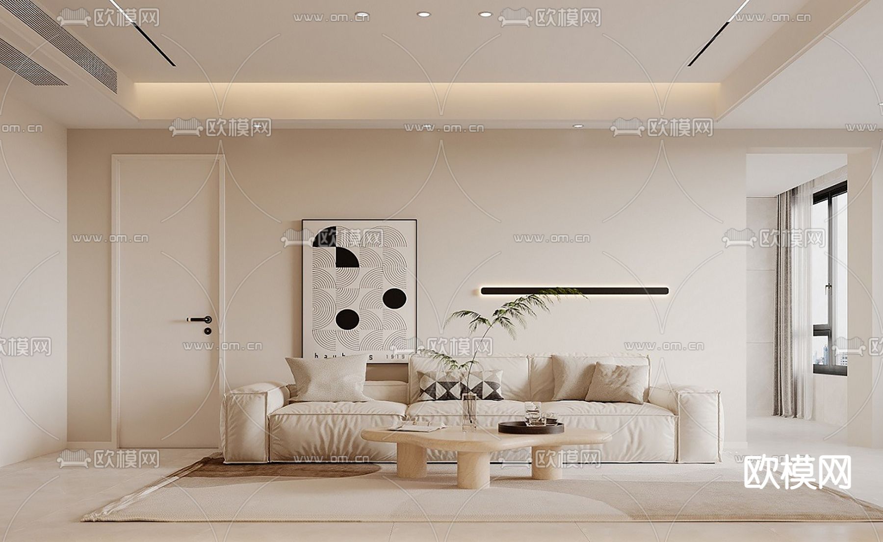 奶油风客厅su模型下载（渲染图1）