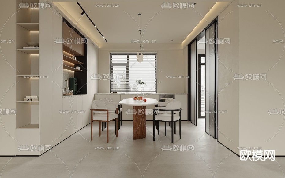 奶油风客厅 餐厅3d模型下载(渲染图3)