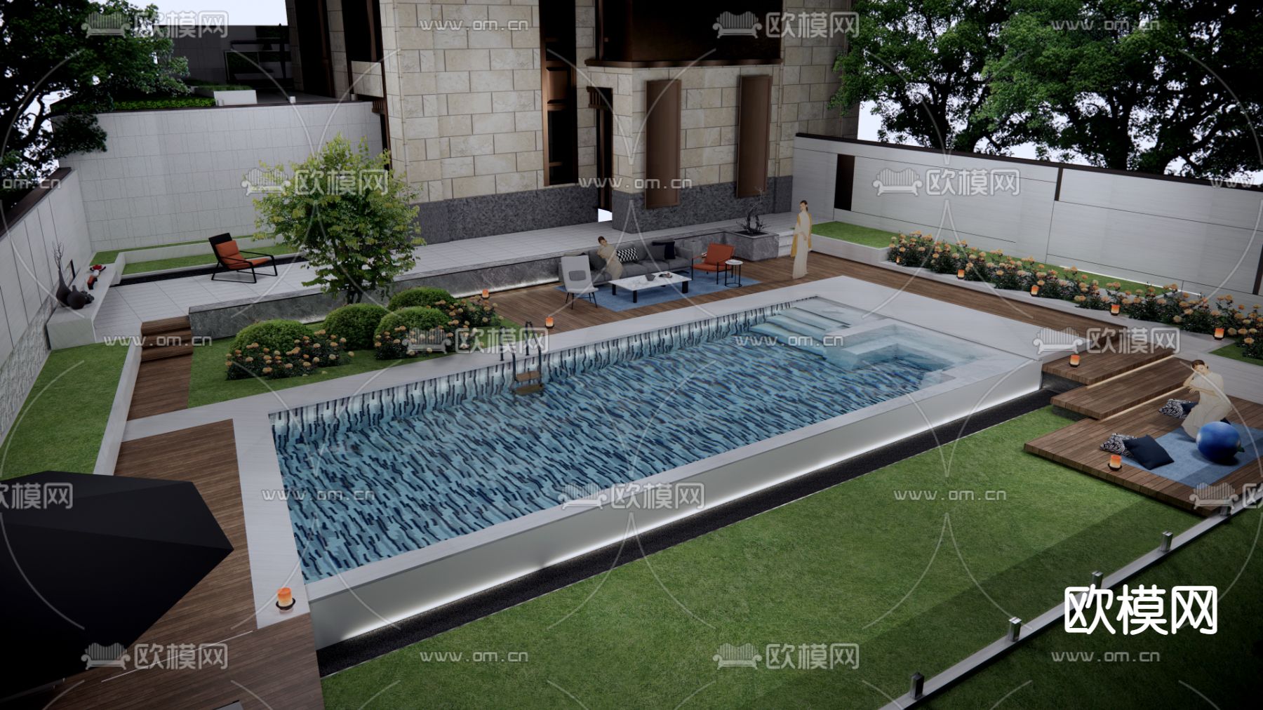 现代别墅庭院花园su模型下载（渲染图3）