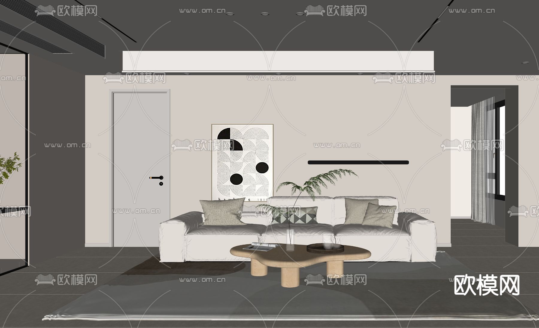 奶油风客厅su模型下载（渲染图2）