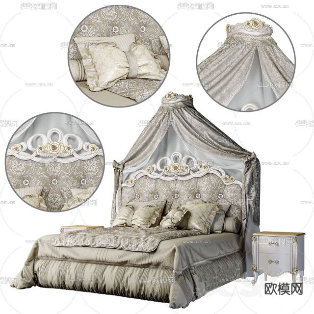 欧式古典实木雕花布艺双人床免费3d模型下载