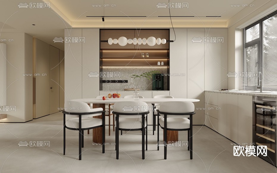 奶油风客厅 餐厅3d模型下载(渲染图2)