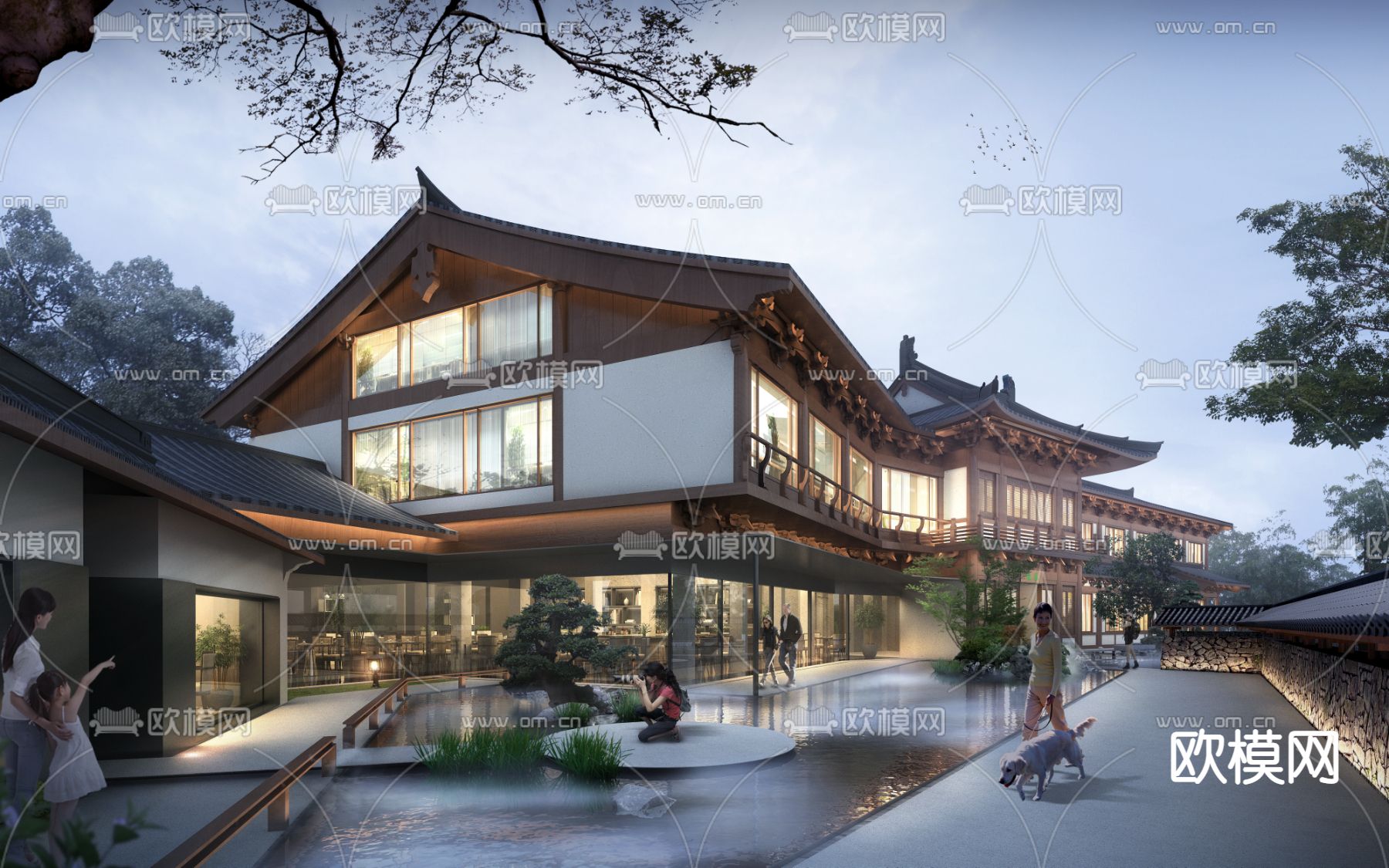 新中式会所酒店夜景psd下载