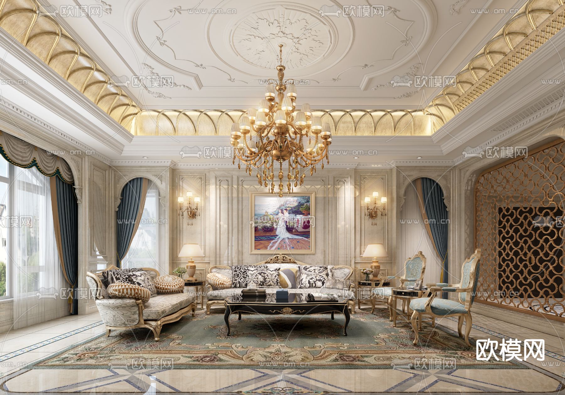 欧式别墅客厅 餐厅3d模型下载（渲染图1）