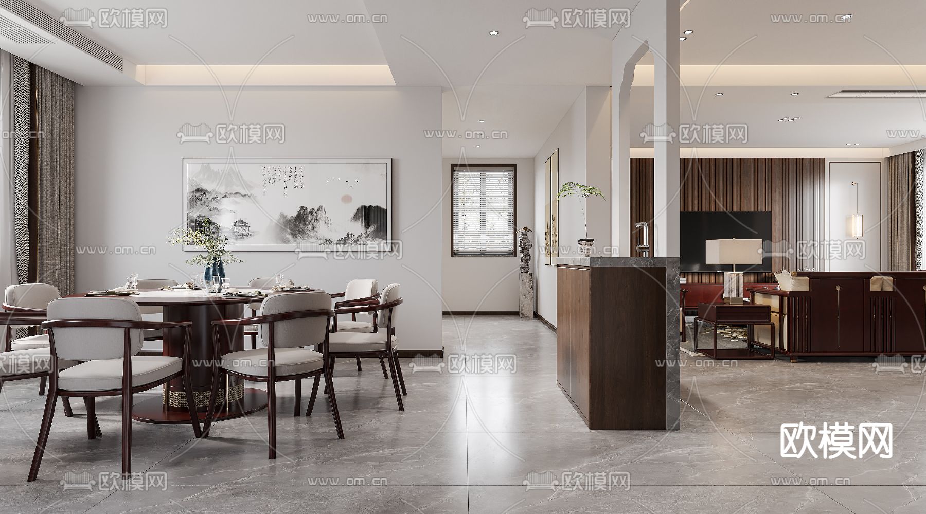 新中式客餐厅免费3d模型下载（渲染图4）