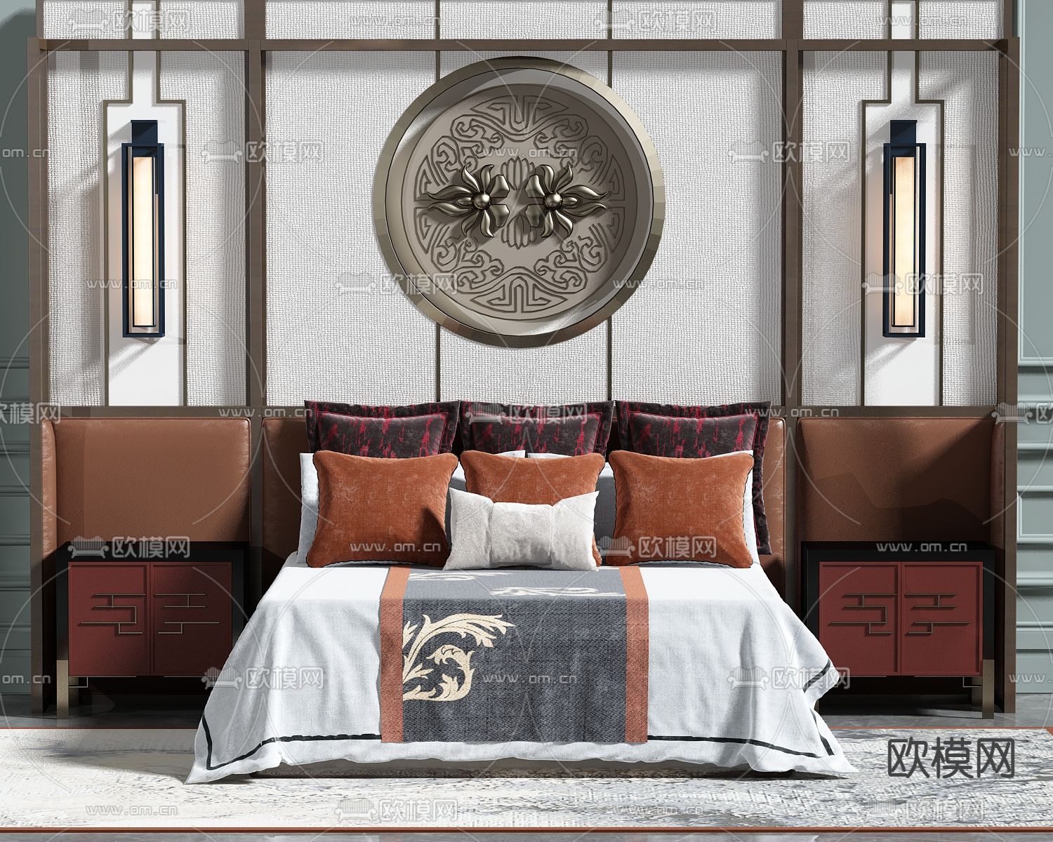 新中式布艺双人床su模型下载