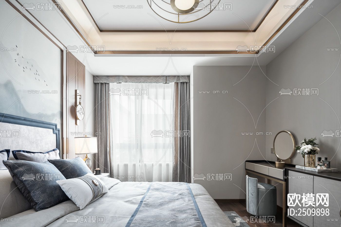 新中式大平层CAD施工图下载（渲染图5）