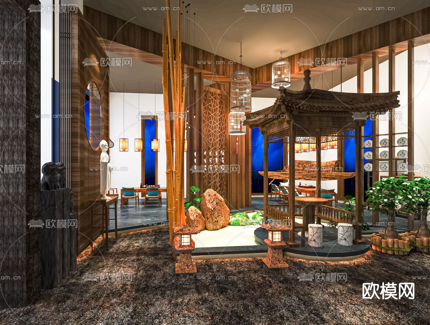 新中式茶馆 茶楼su模型下载（渲染图1）