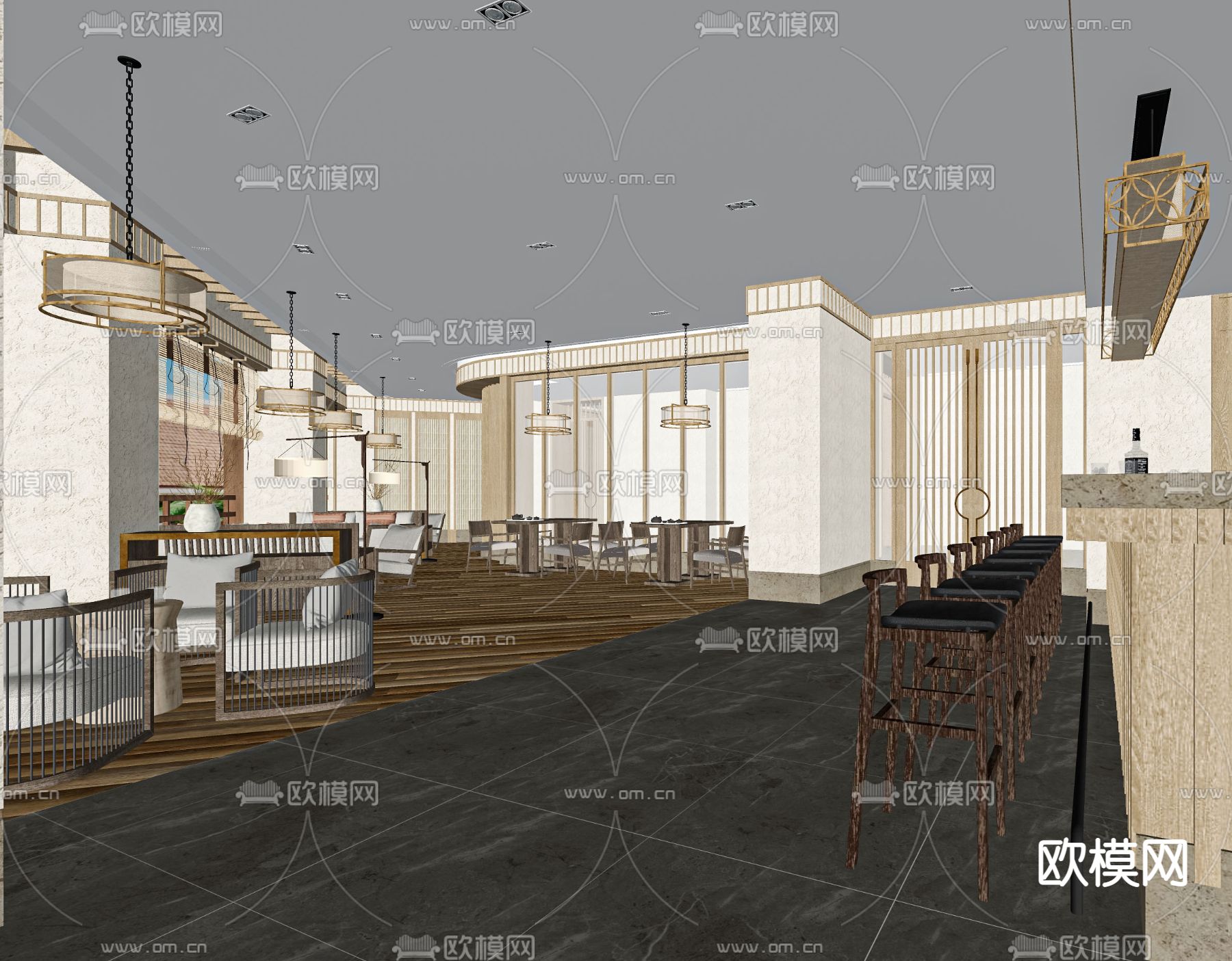 新中式茶馆 茶楼su模型下载（渲染图2）