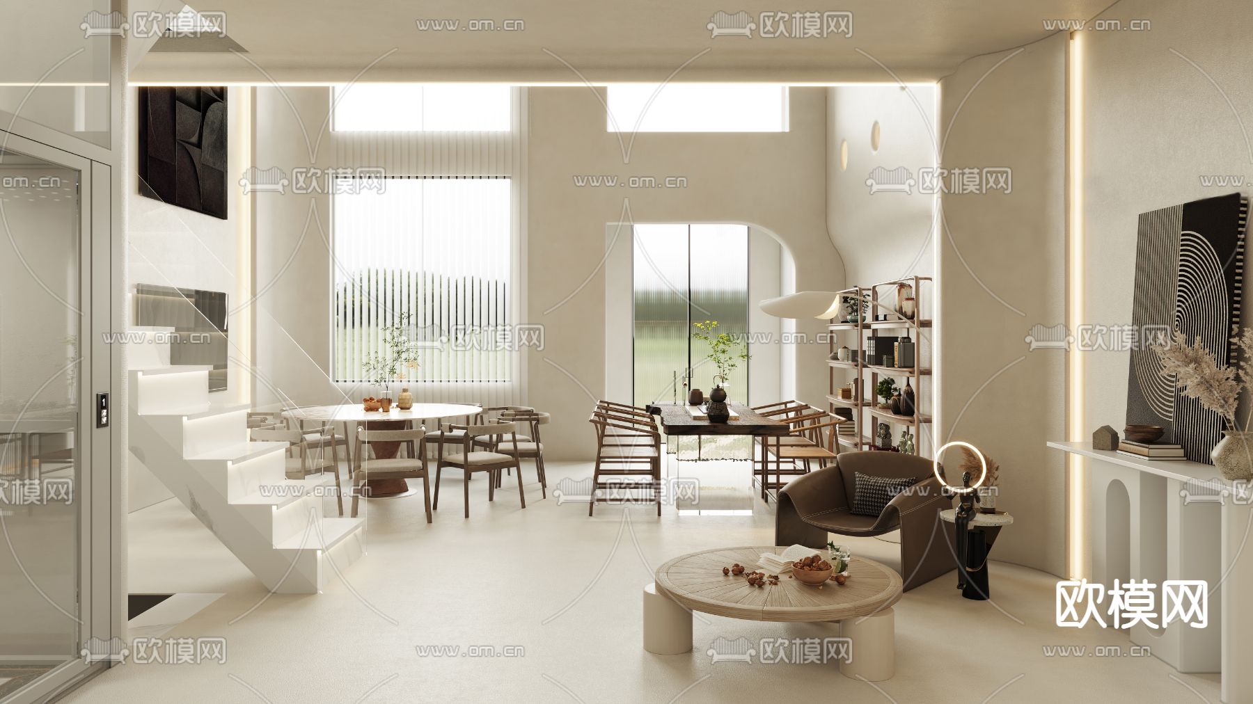 侘寂风别墅客厅 别墅大堂3d模型下载（渲染图4）