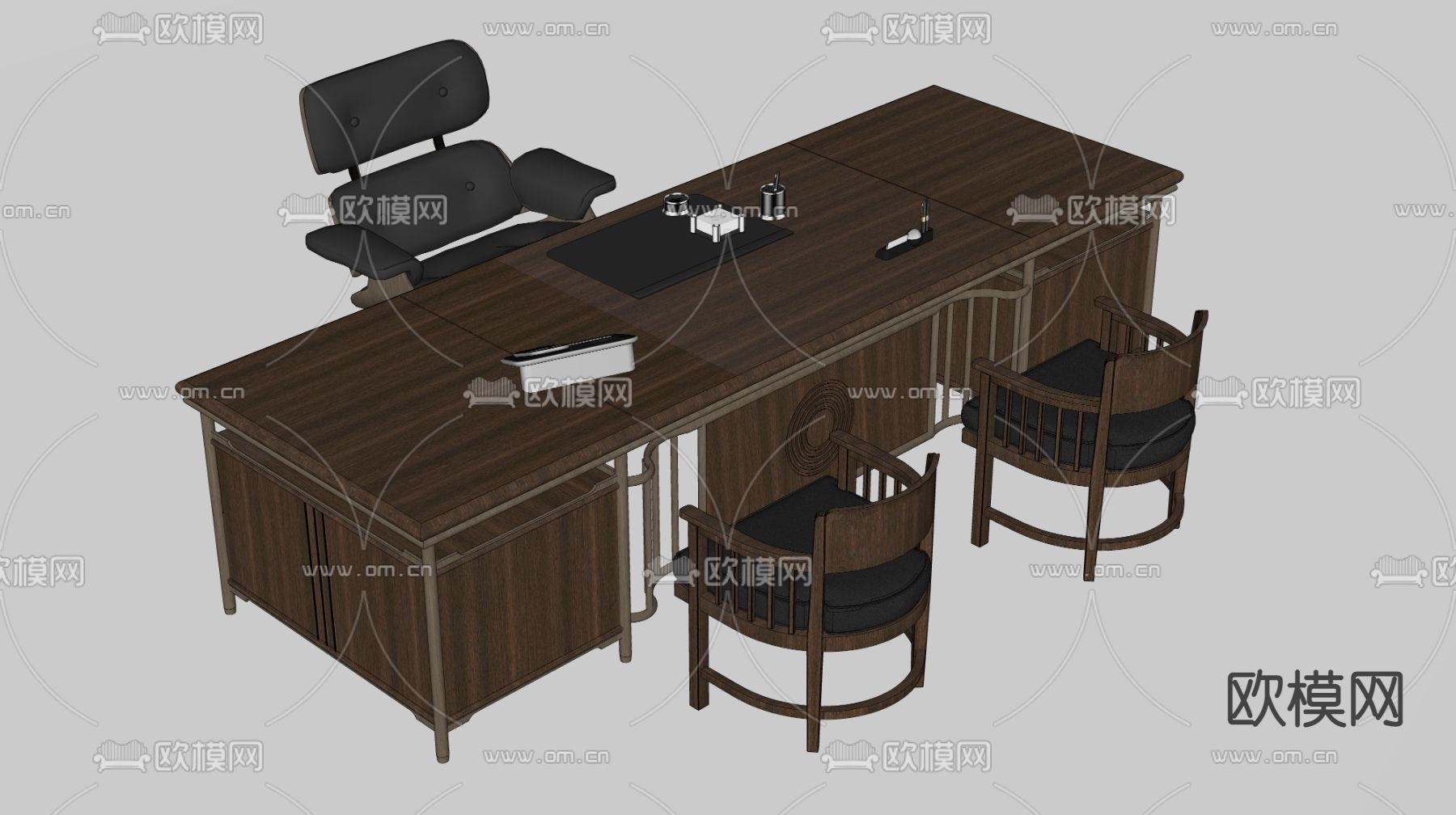 新中式实木班台桌椅su模型下载（渲染图2）