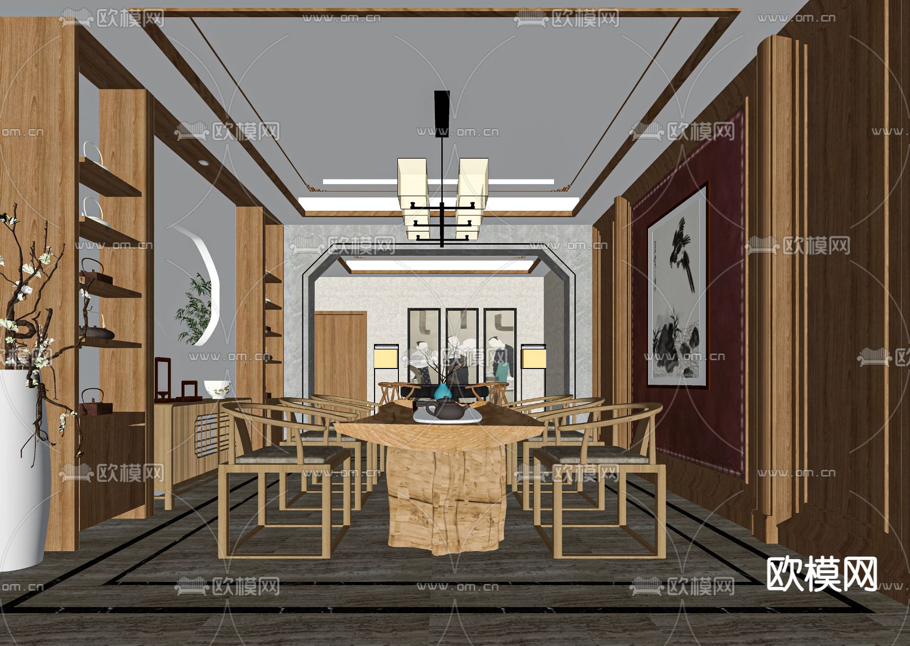 新中式茶馆 茶楼su模型下载（渲染图2）