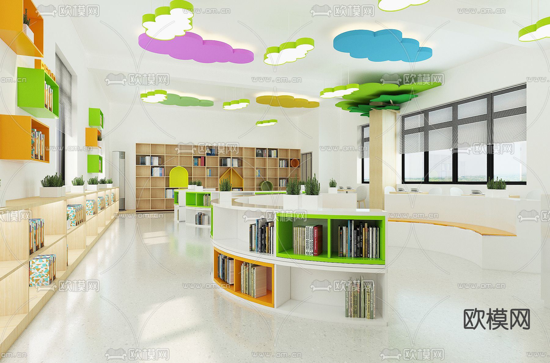 现代小学阅读室3d模型下载（渲染图1）